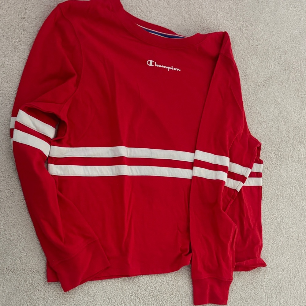 Champion Red Crewneck with White Stripes